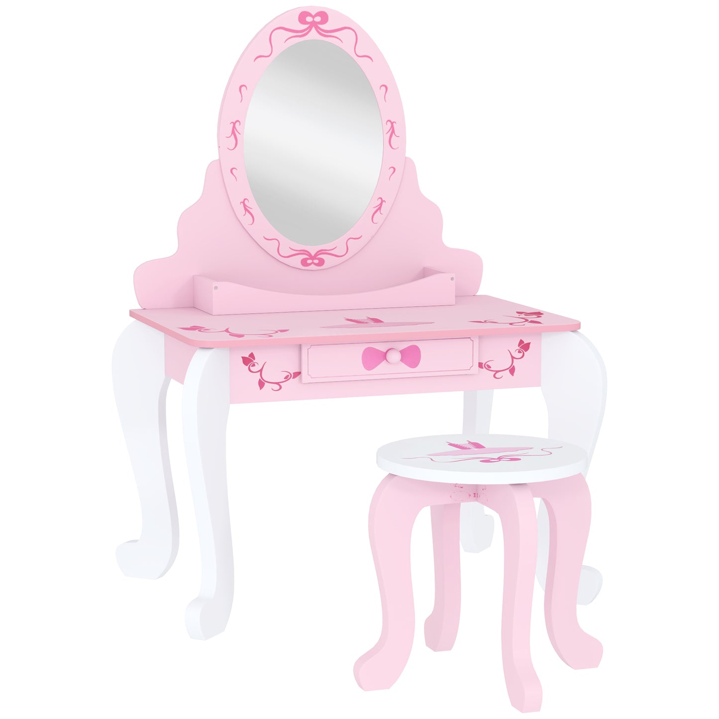 Kids Dressing Table Set, Vanity Table with Stool, Mirror, Drawer, Desktop, Storage, Ballet-Theme, Pink