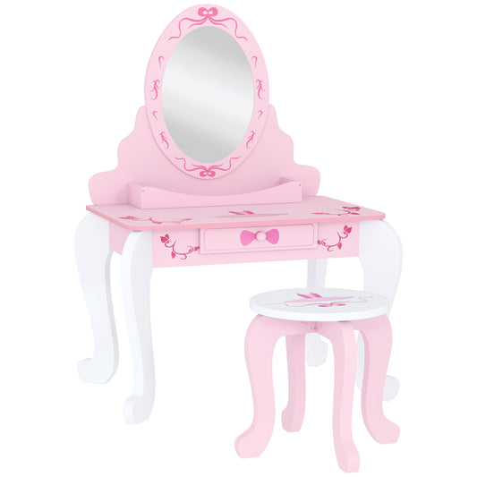 Kids Dressing Table Set, Vanity Table with Stool, Mirror, Drawer, Desktop, Storage, Ballet-Theme, Pink