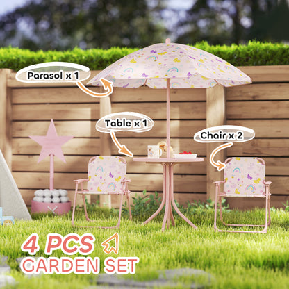 4-Piece Kids Garden Table and Chair Set with Adjustable Parasol, Folding Chairs, Table, Rainbow Pattern, Pink