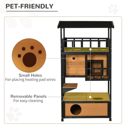 Wooden Outdoor Cat House, 3-Tier Cat Shelter with Tilted Roof, Terrace, Jump Step, Bottom Tray and Elevated Base