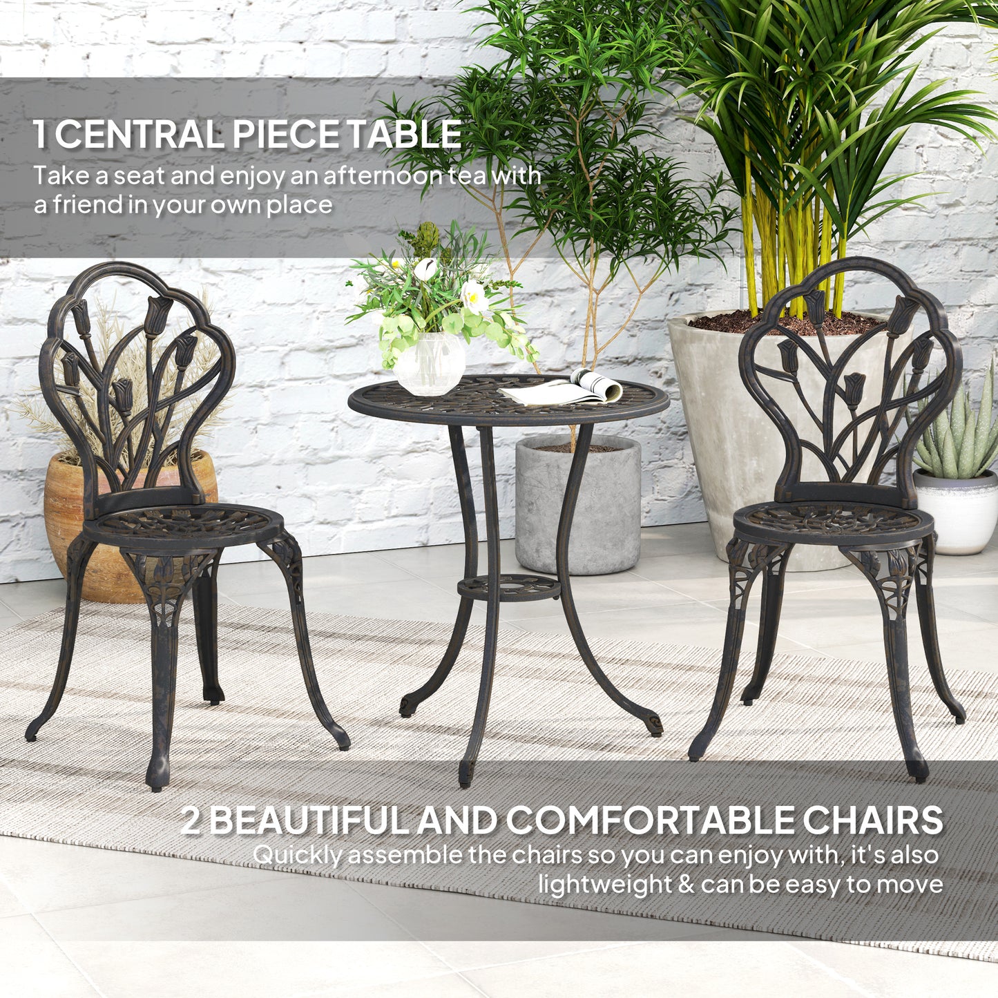 3 Piece Patio Bistro Set for 2, Outdoor Aluminium Garden Table and Chairs with Umbrella Hole for Balcony, Bronze Tone