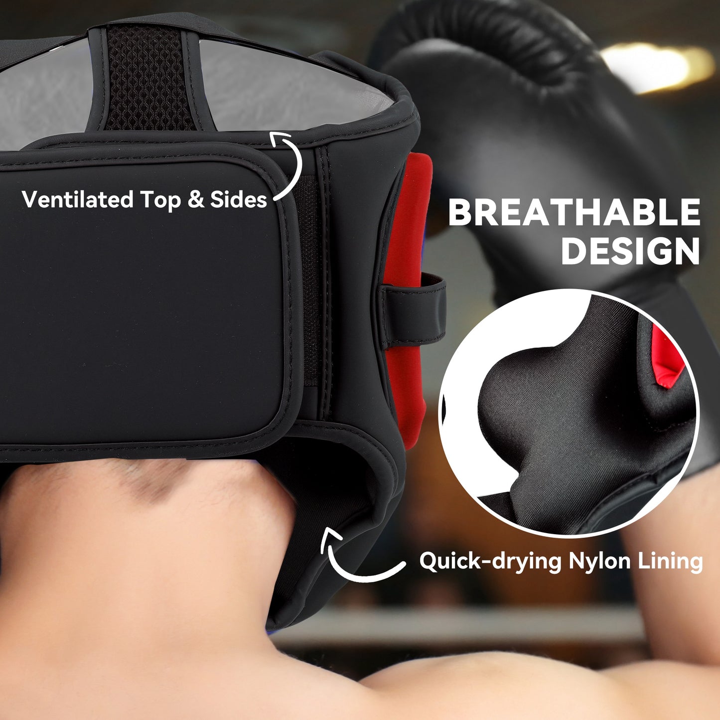 Boxing Headguard w/ Adjustable Strap for Sparring, Kickboxing, MMA, Red/Black