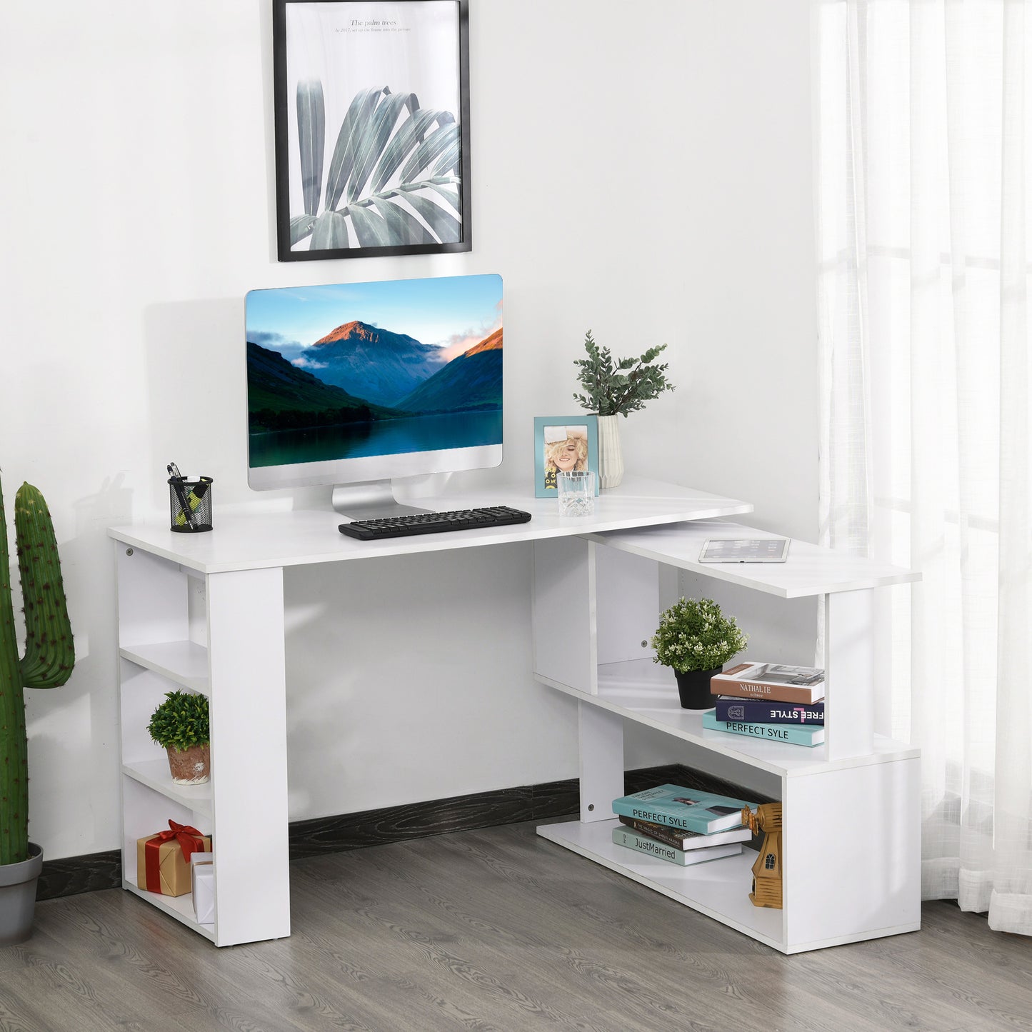 Corner Computer Desk, L Shaped Desk with 360° Rotating Bookshelf, 120L x 110W x 74.5H cm, White