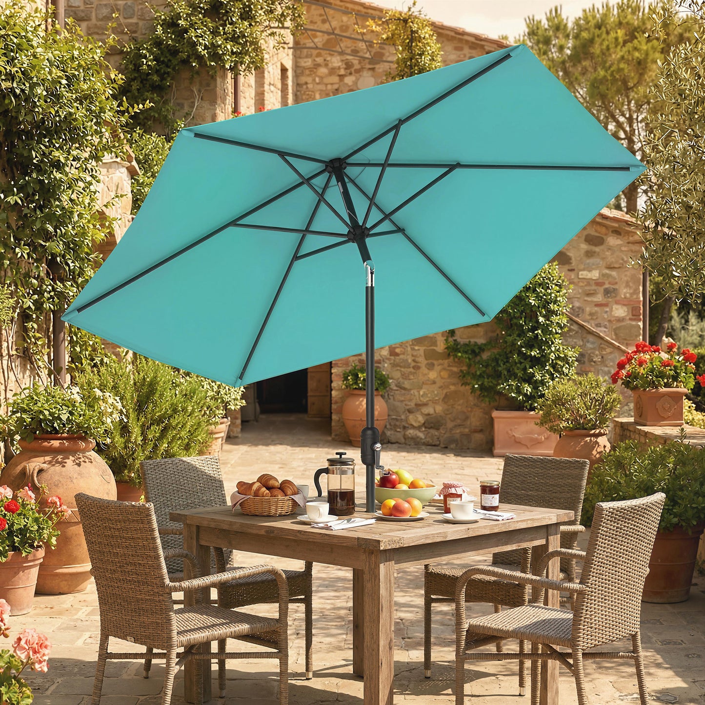 2.6 m Garden Parasol Umbrella with Aluminium Pole, Outdoor Patio Umbrella with Tilt and Crank, Vent, Turquoise