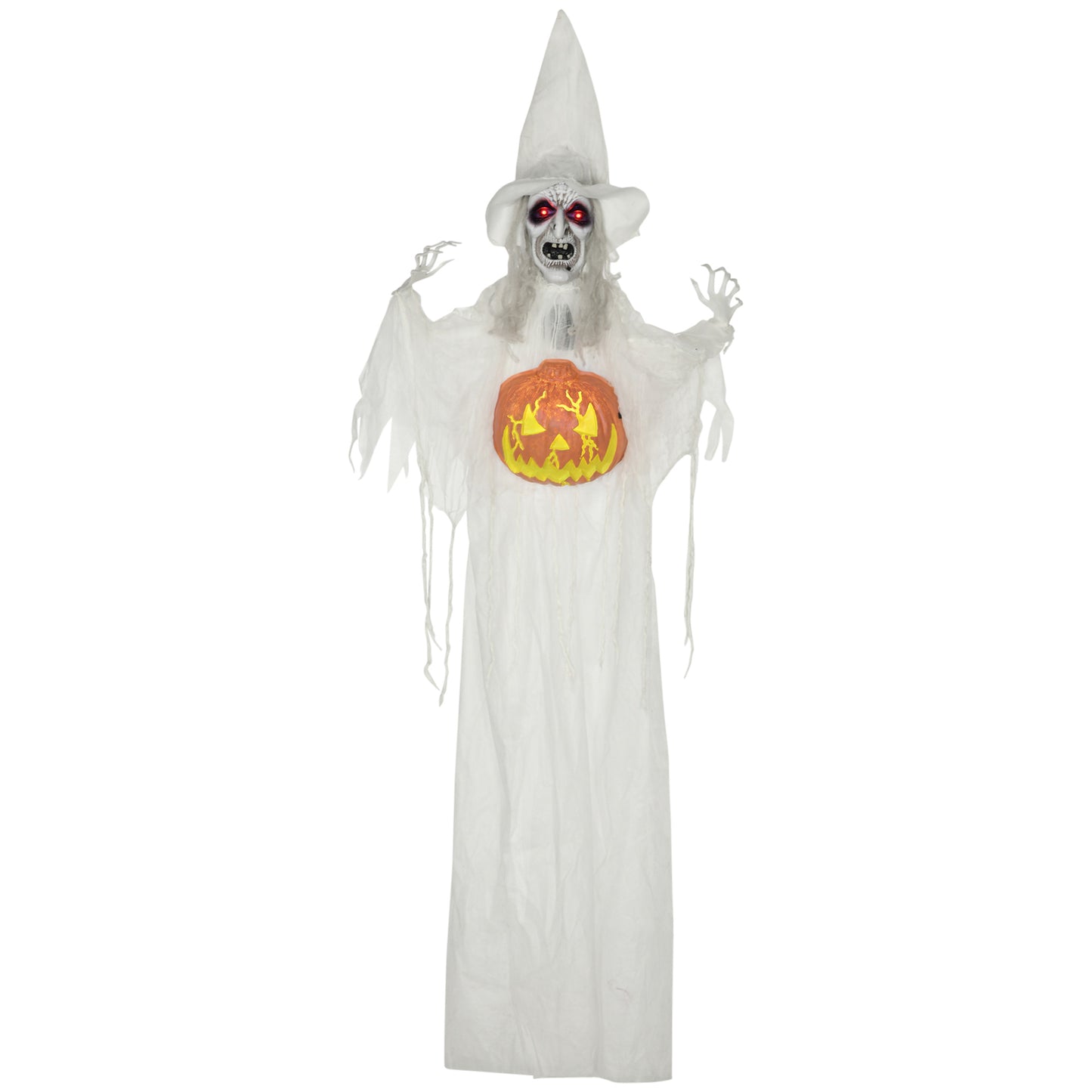 6ft Outdoor Halloween Decoration Witch with Pumpkin, Hanging Skeleton Witch Prop Life Size with Sound and Motion Activated