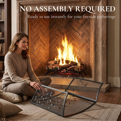 3-Panel Folding Fireplace Screen for Hearth Protection, Heat-Resistant Metal Fire Spark Guard, Black