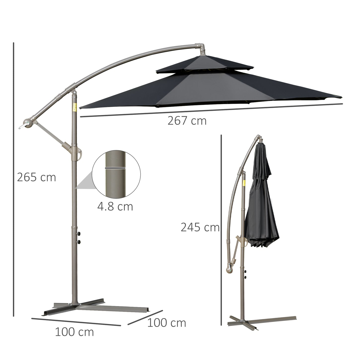 2.7m Banana Parasol Cantilever Umbrella with Crank Handle, Double Tier Canopy and Cross Base for Outdoor, Hanging Sun Shade