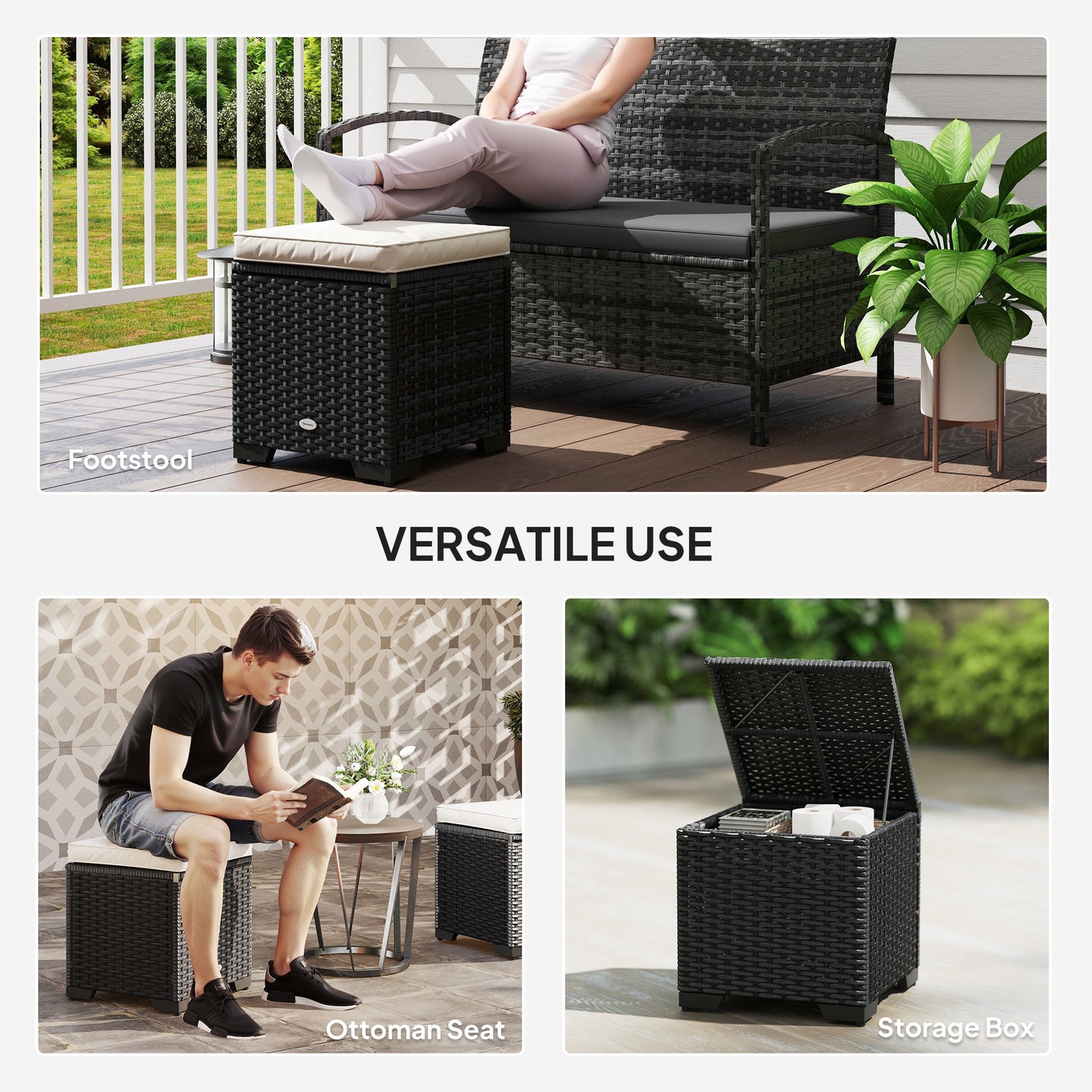 Set of 2 Rattan Storage Ottoman, Outdoor Footstool with Removable Cushions, Garden Storage Seat for Balcony, Porch