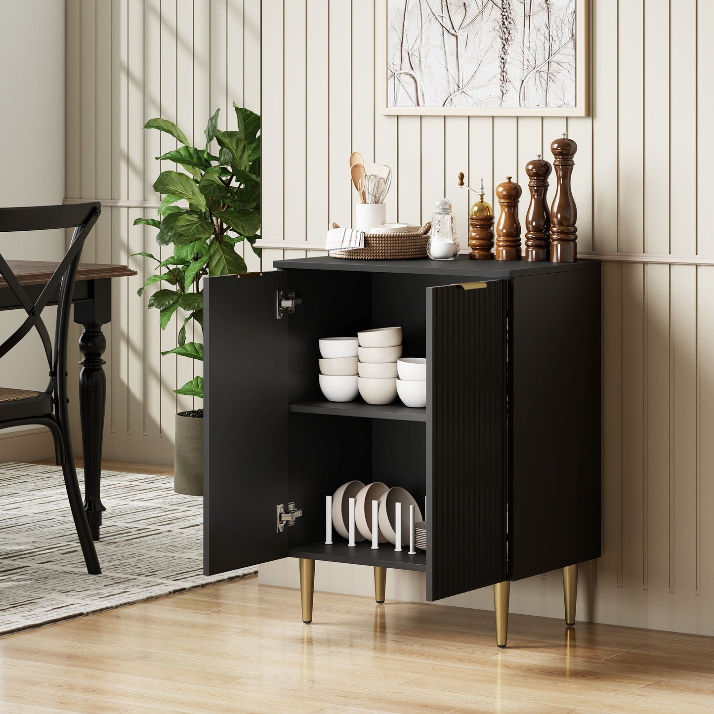 Sideboard Buffet Cabinet, Modern Kitchen Storage Cabinet with Adjustable Shelves and Metal Legs, Black