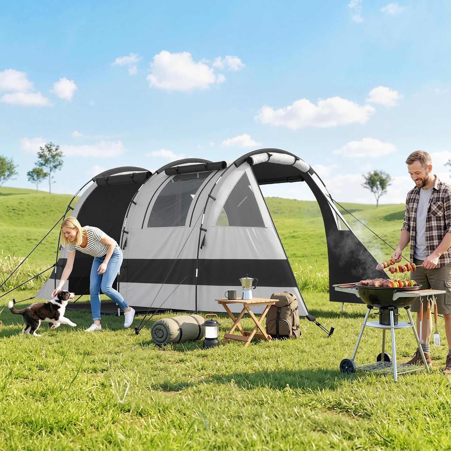 Camping Tent, 3 Man Blackout Tent with Bedroom and Living Room, Portable with Bag, for Fishing Hiking Festival, Khaki