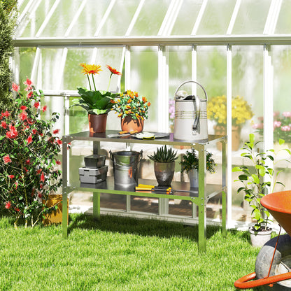 2 Tier Potting Bench Table, Galvanised Steel Garden Planting Work Bench Workstation with Storage Shelf for Outdoor, Patio