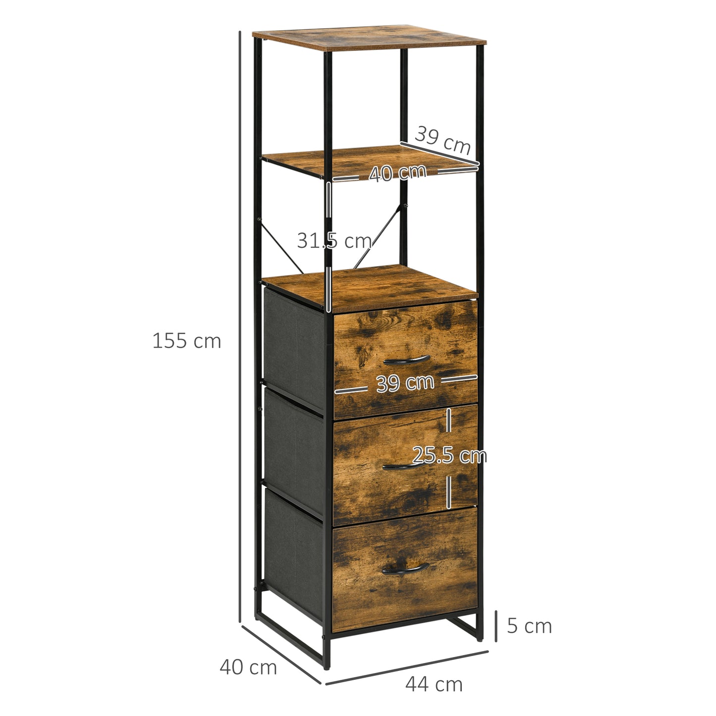 Industrial Storage Cabinet with 2 Open Shelves and 3 Foldable Fabric Drawers, Multifunctional Bookshelf in Living Room