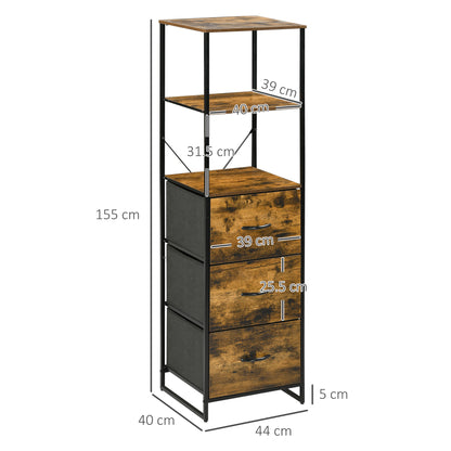 Industrial Storage Cabinet with 2 Open Shelves and 3 Foldable Fabric Drawers, Multifunctional Bookshelf in Living Room