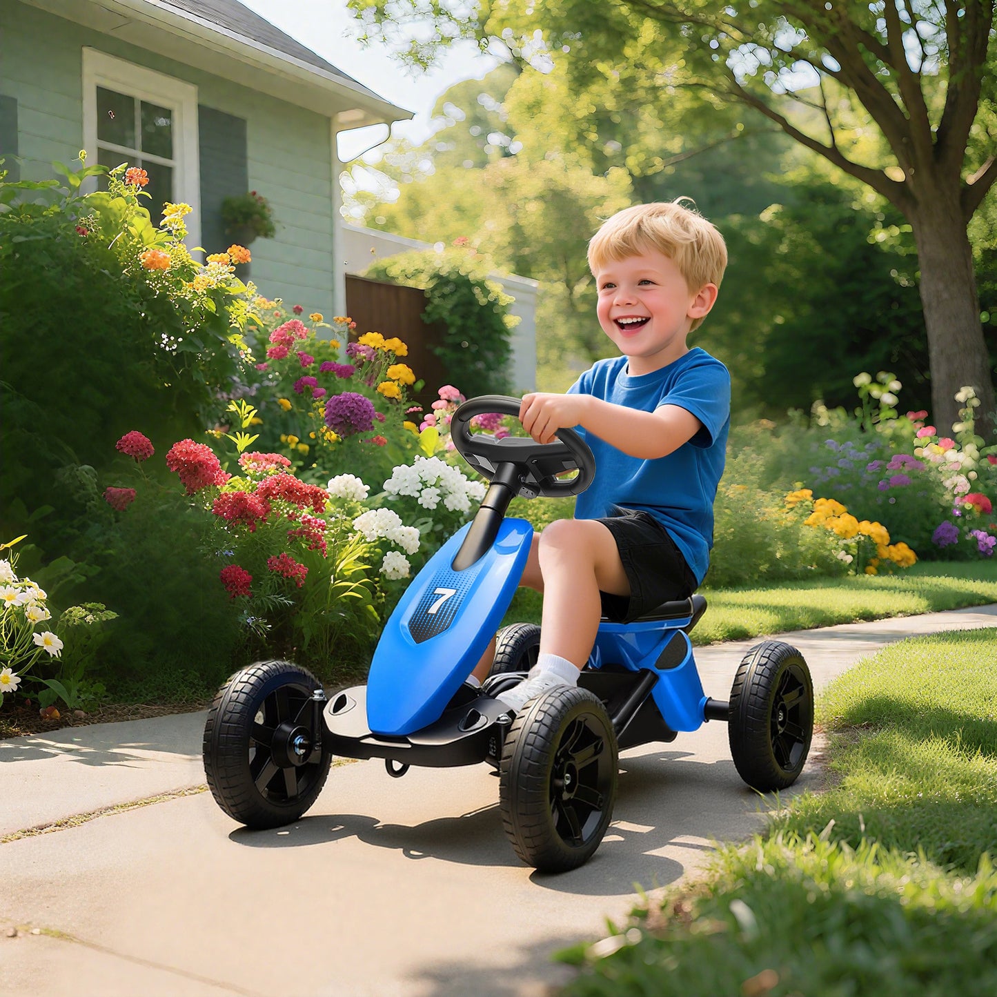 Pedal Go Kart for Kids 2-5 Years, with Silent EVA Wheels, Metal Frame, Blue