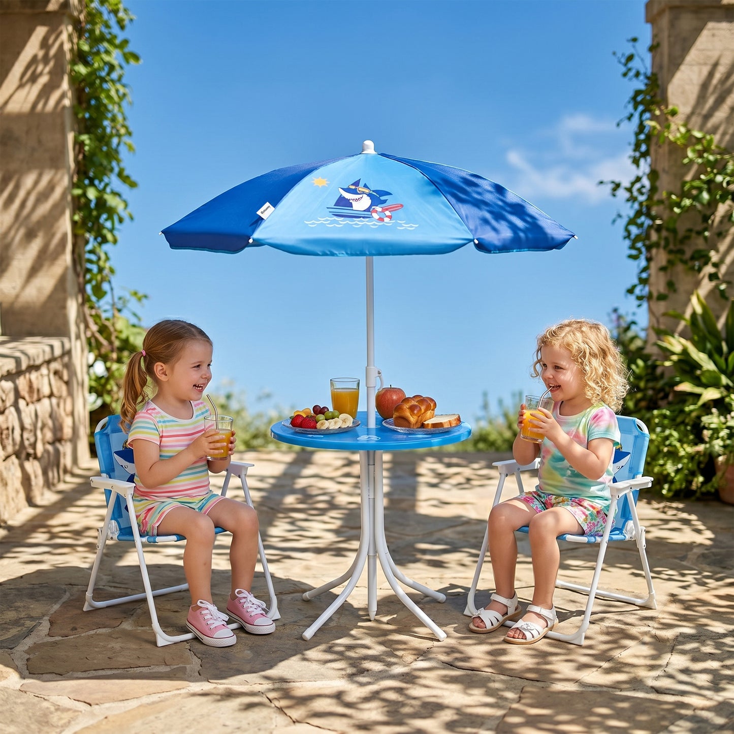 Kids Outdoor Bistro Table and Chair Set, Folding Garden Furniture w/ Shark Design, Removable, Adjustable Sun Umbrella