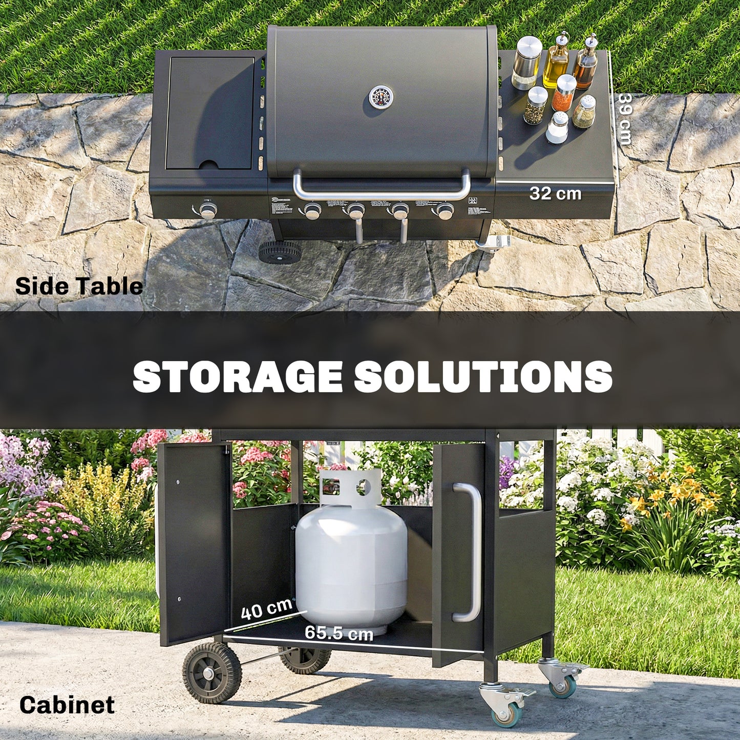 4+1 Burner Gas BBQ Grill with Storage Cabinet, 15.2 kW Gas Barbecue Trolley with Side Table, 4 Wheels, Warming Rack