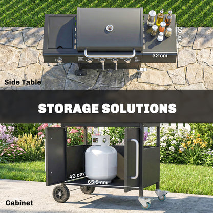 4+1 Burner Gas BBQ Grill with Storage Cabinet, 15.2 kW Gas Barbecue Trolley with Side Table, 4 Wheels, Warming Rack