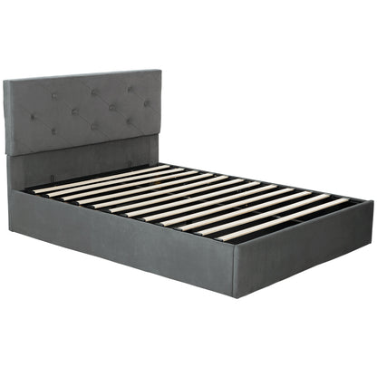 Double Bed Frame Gas End Lift Under Bed Storage Upholstered Platform Bed Tufted Headboard for 140 x 190 cm Mattress