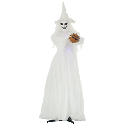 74 Inch Halloween Decorations White Witch Holding Pumpkin Head, Standing Skeleton Ghost Prop Life Size
