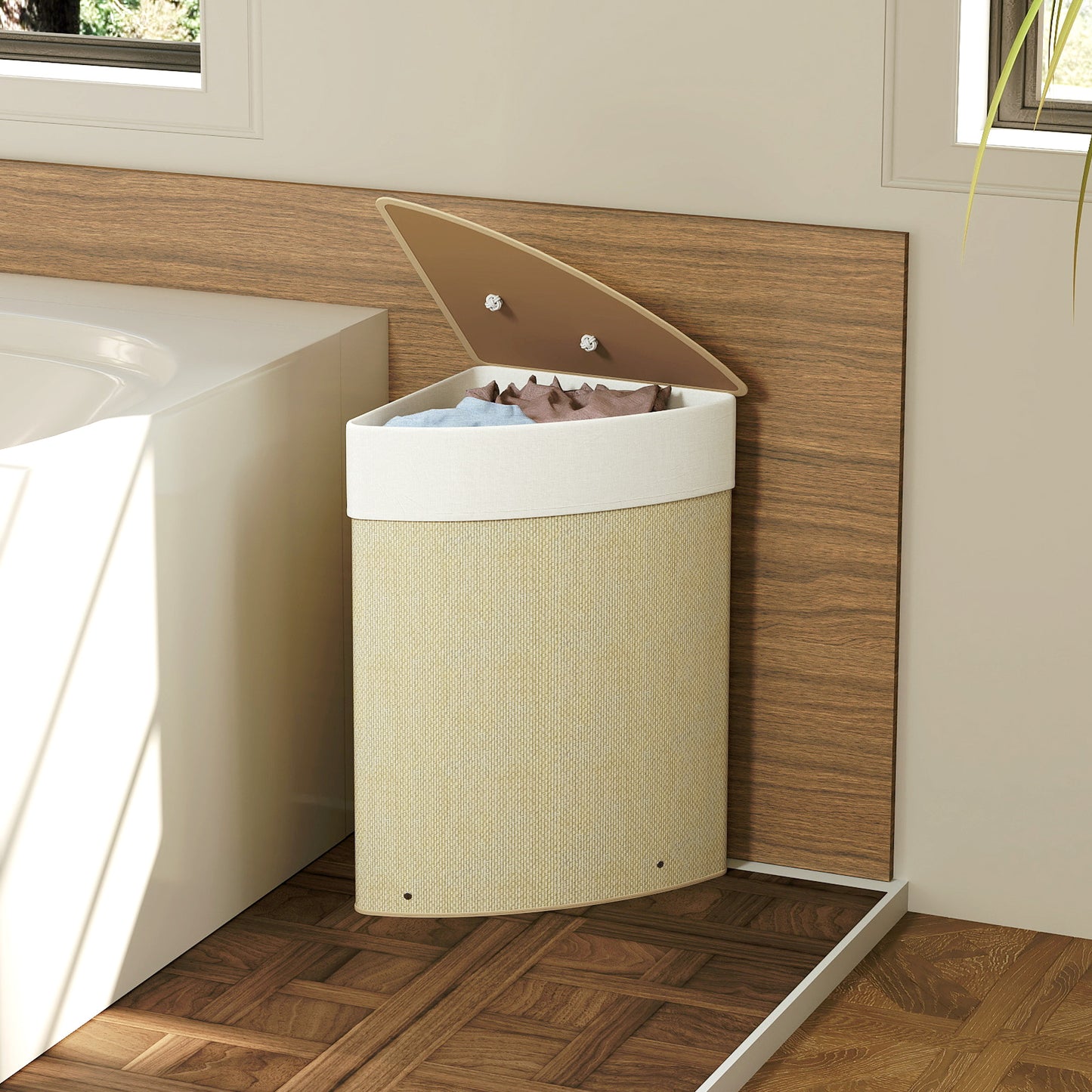 Bamboo Laundry Basket with Lid, 55L Corner Laundry Hamper with Removable Washable Liner Bag