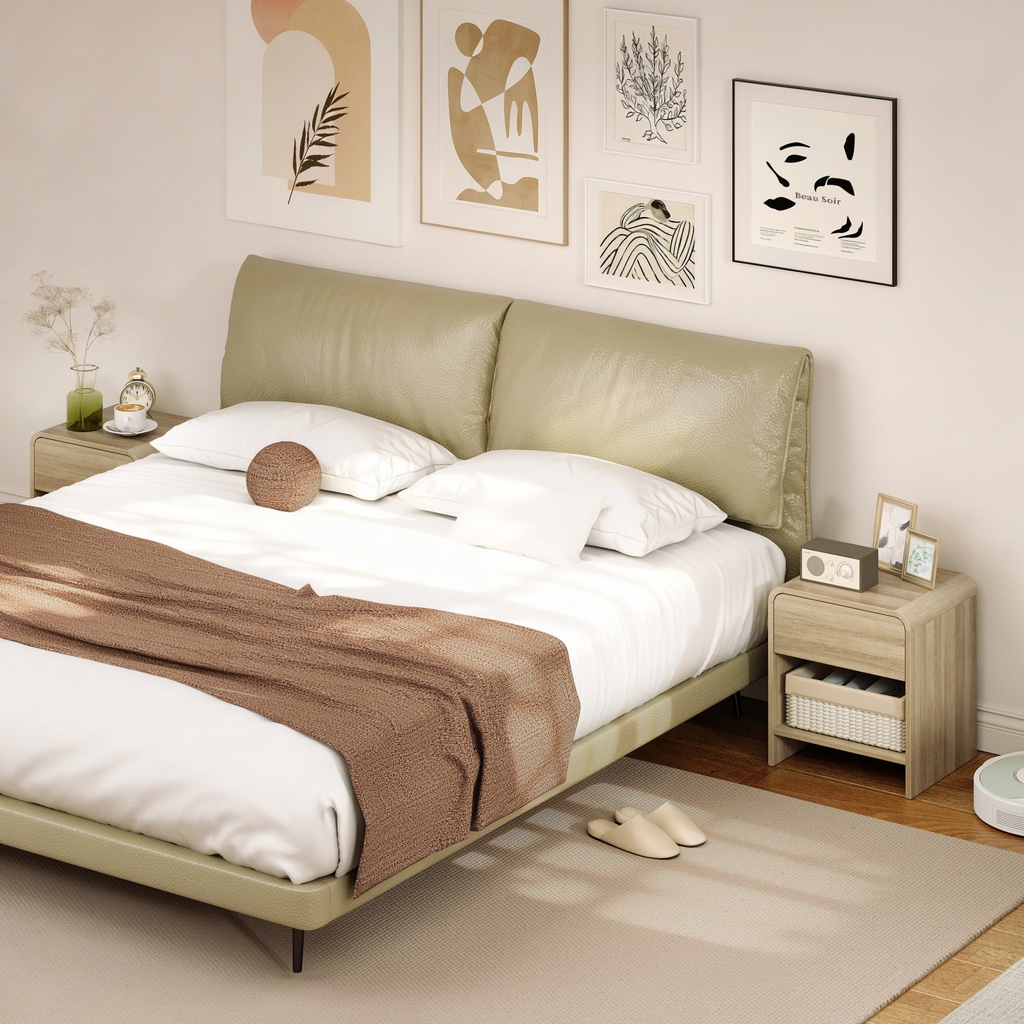 Bedside Tables Set of 2, Nightstands with Rounded Corners, Modern Side Table with Silent Drawer for Bedroom, Natural