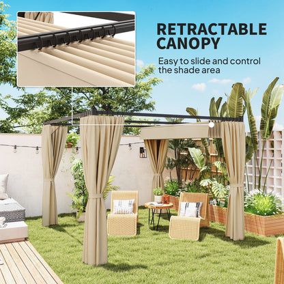 3 x 3(m) Retractable Pergola, Garden Gazebo Shelter with Curtains, for Grill, Patio, Deck, Beige