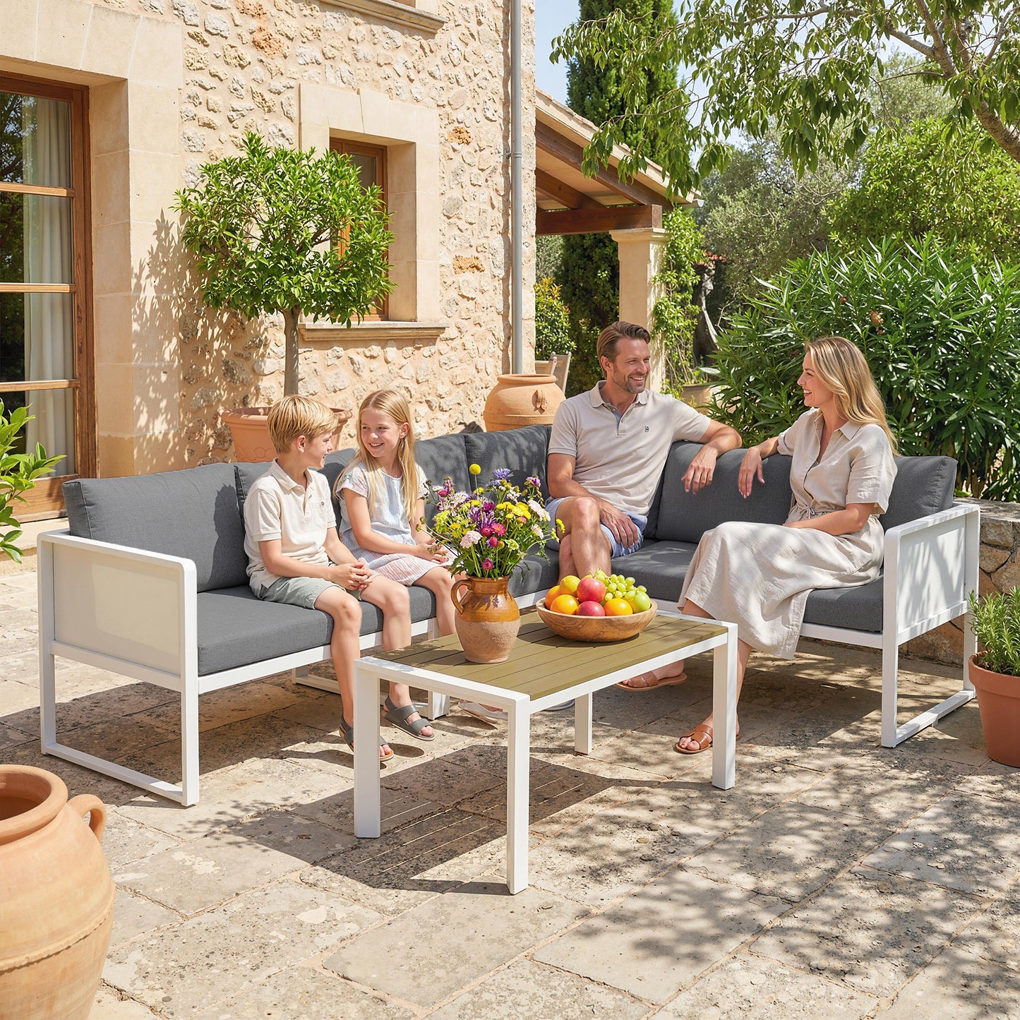 6 Seater Metal Garden Furniture Corner Sofa Set with 3 Loveseats, Faux Wood Table, Texteline Seat, Cushions, White