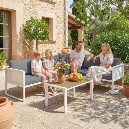 6 Seater Metal Garden Furniture Corner Sofa Set with 3 Loveseats, Faux Wood Table, Texteline Seat, Cushions, White