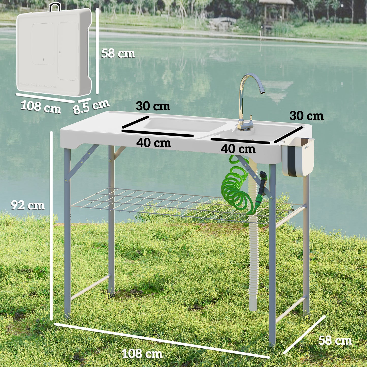 Folding Fish Cleaning Table with Sinks, Portable Camping Sink Table with Faucet, Drainage Hose