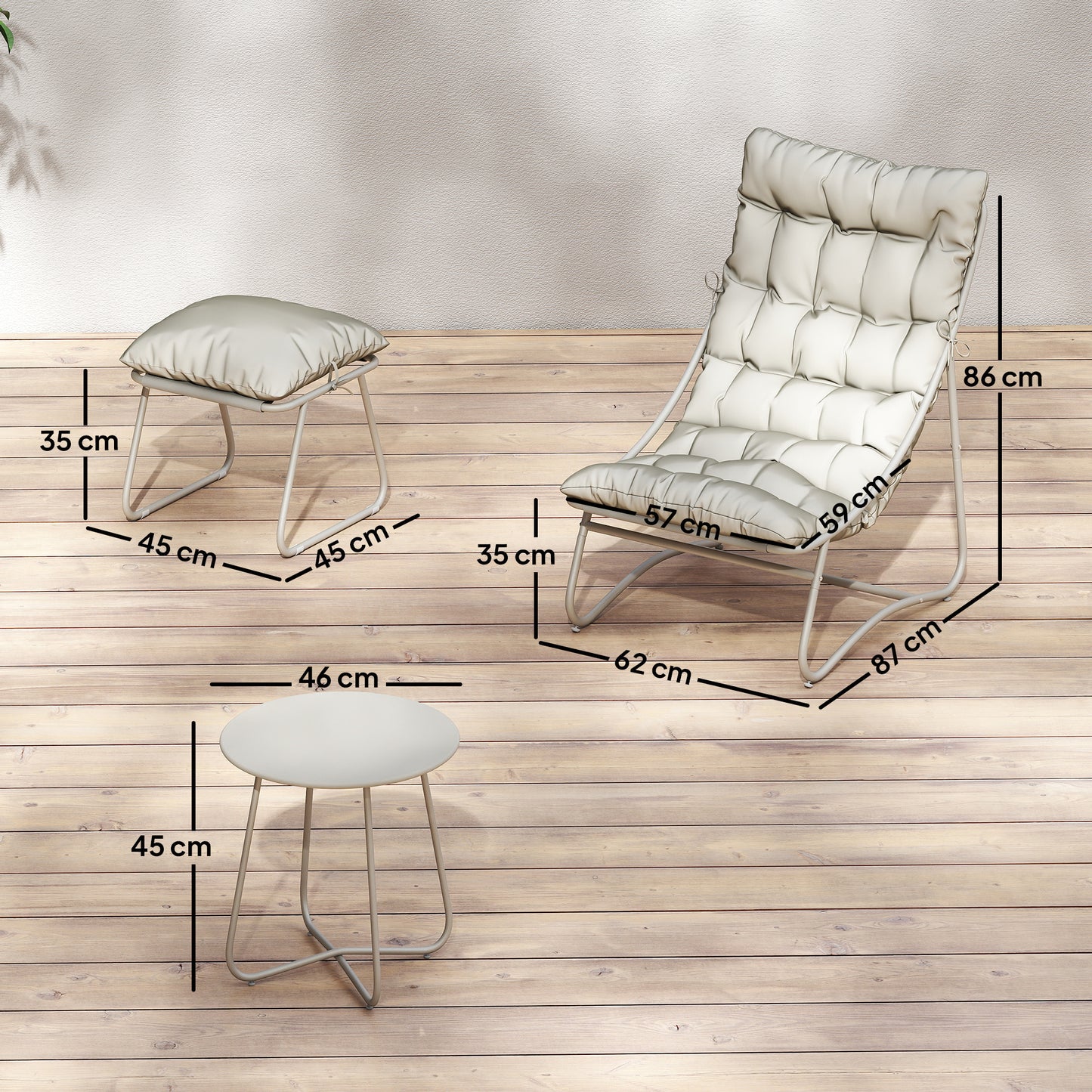 Bistro Set for Garden, 3 Piece Outdoor Table and Chair with Footstool and Removable Cushions, Comfy Balcony Furniture