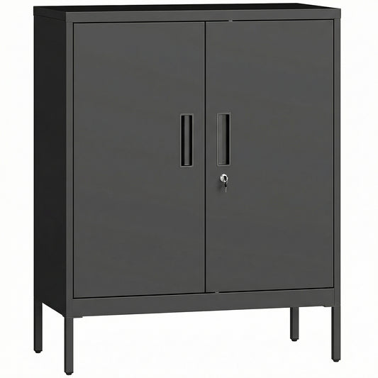 Metal Storage Cabinet with Lock and Adjustable Shelves - Black