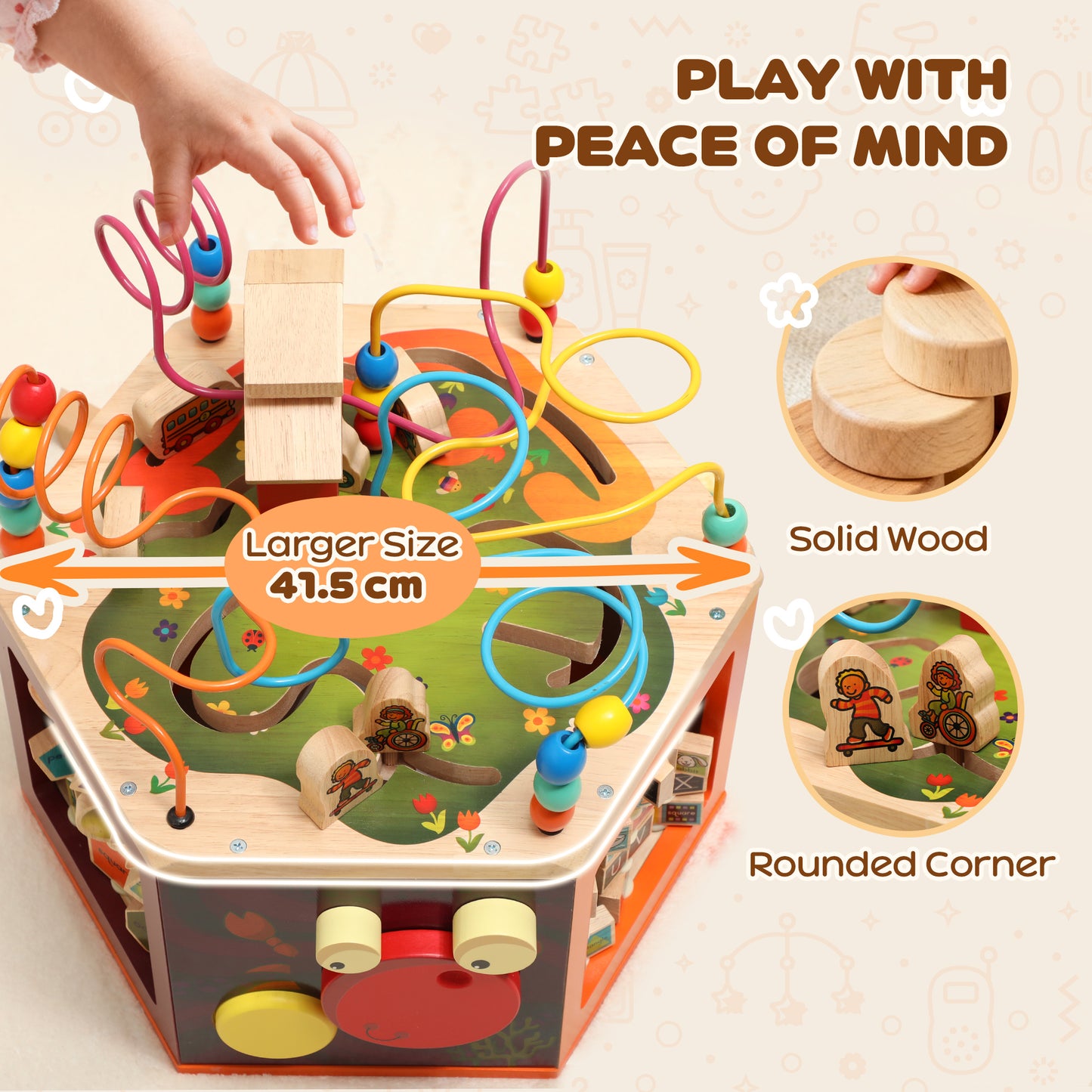 8 in 1 Wooden Activity Cube with Bead Maze, Shape Sorter, for Kids Boys Girls 18+ Months