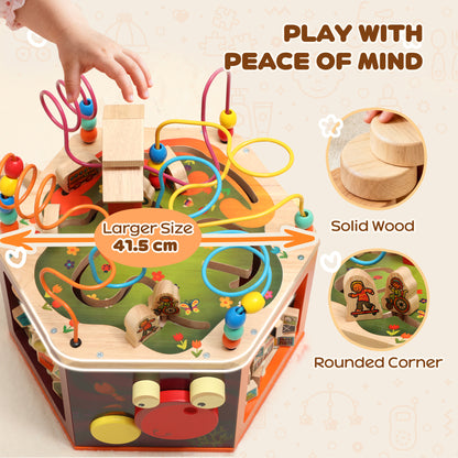 8 in 1 Wooden Activity Cube with Bead Maze, Shape Sorter, for Kids Boys Girls 18+ Months