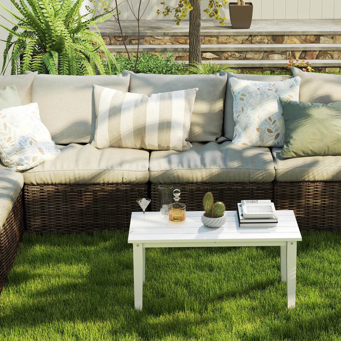 Outdoor Garden Coffee Table, HDPE All-Weather Rectangular Outdoor Garden Table with Slatted Tabletop for Patio, Balcony