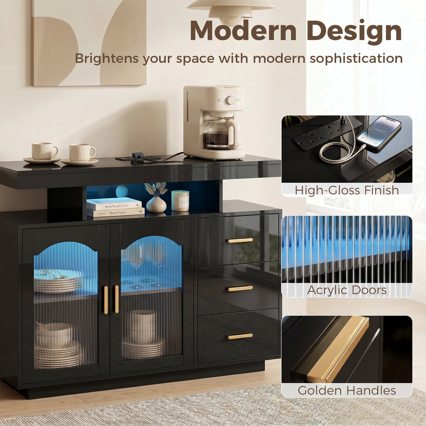 High Gloss Sideboard with LED Lights, Built-in Power Outlets, 3 Drawers, Shelves and 2 Acrylic Doors, Black