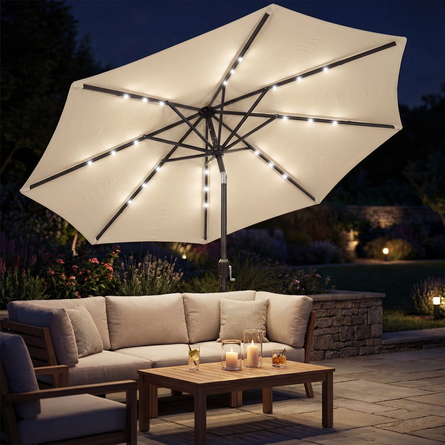 2.6 m Garden Parasol Umbrella with LED Solar Light, Parasol Cover, Outdoor Market Patio Umbrella, Beige