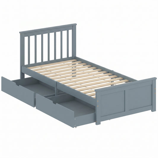 Pine Storage Bed, 3ft Single Solid Wooden Bed Frame with Drawers, Headboard, Wood Slat Support, Grey
