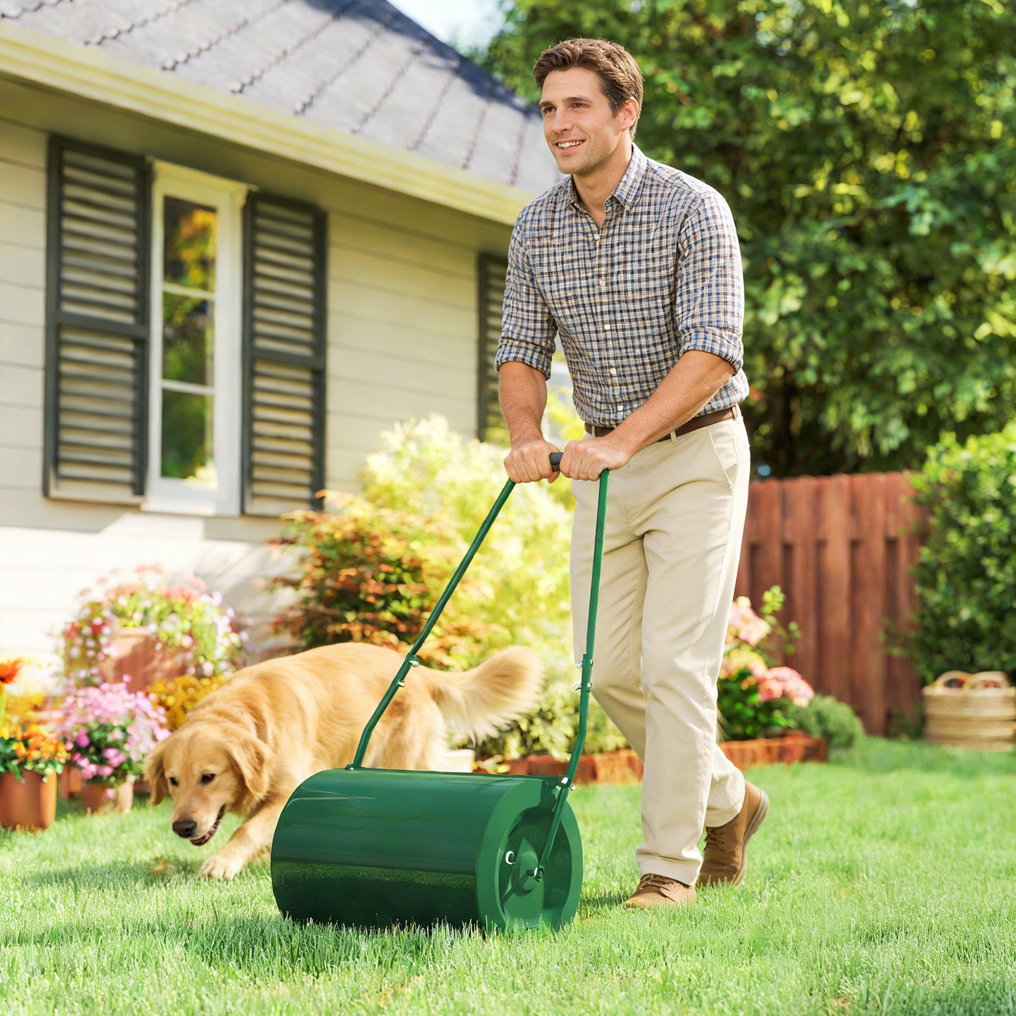 63 L Garden Lawn Roller with Water/Sand Filled Drum, Heavy Duty Steel Lawn Push Rolling Tool for Grass Seeding