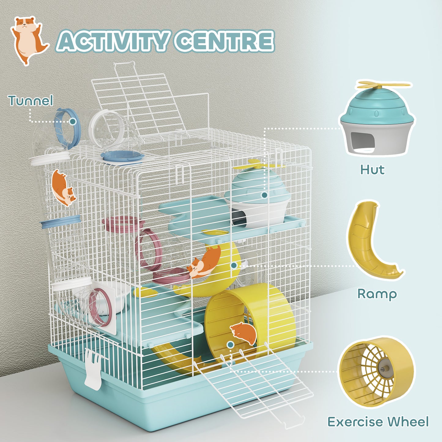 3-Level Hamster Cage with Exercise Wheel, Water Bottle, Food Bowl, for Dwarf Hamsters, 34.5 x 27.5 x 41 cm, Blue