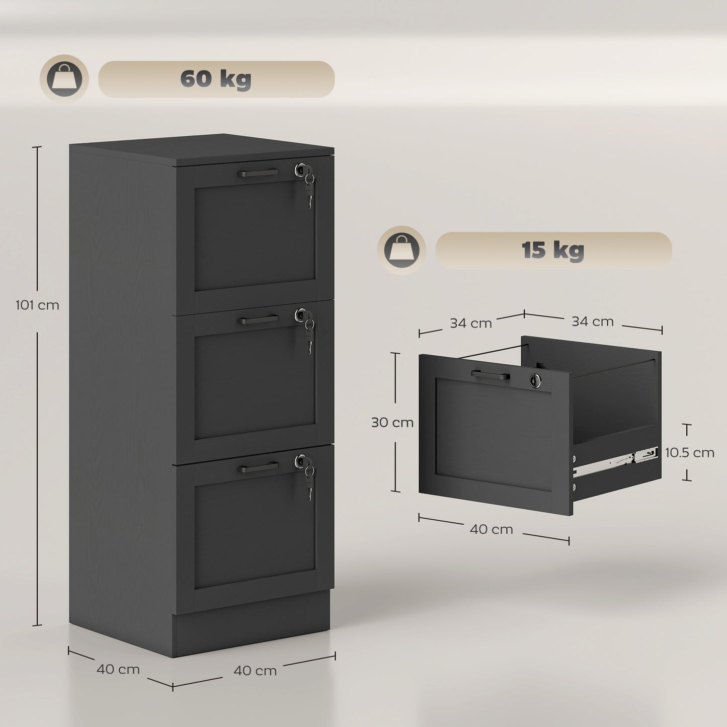 3-Drawer Filing Cabinet with Lock - Black