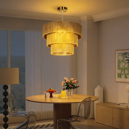 Hemp Rope Ceiling Light, 3-Layer Boho Pendant Light, 4 x E14 Vintage Ceiling Lamp Fixtures for Living Room, Bedroom, Kitchen