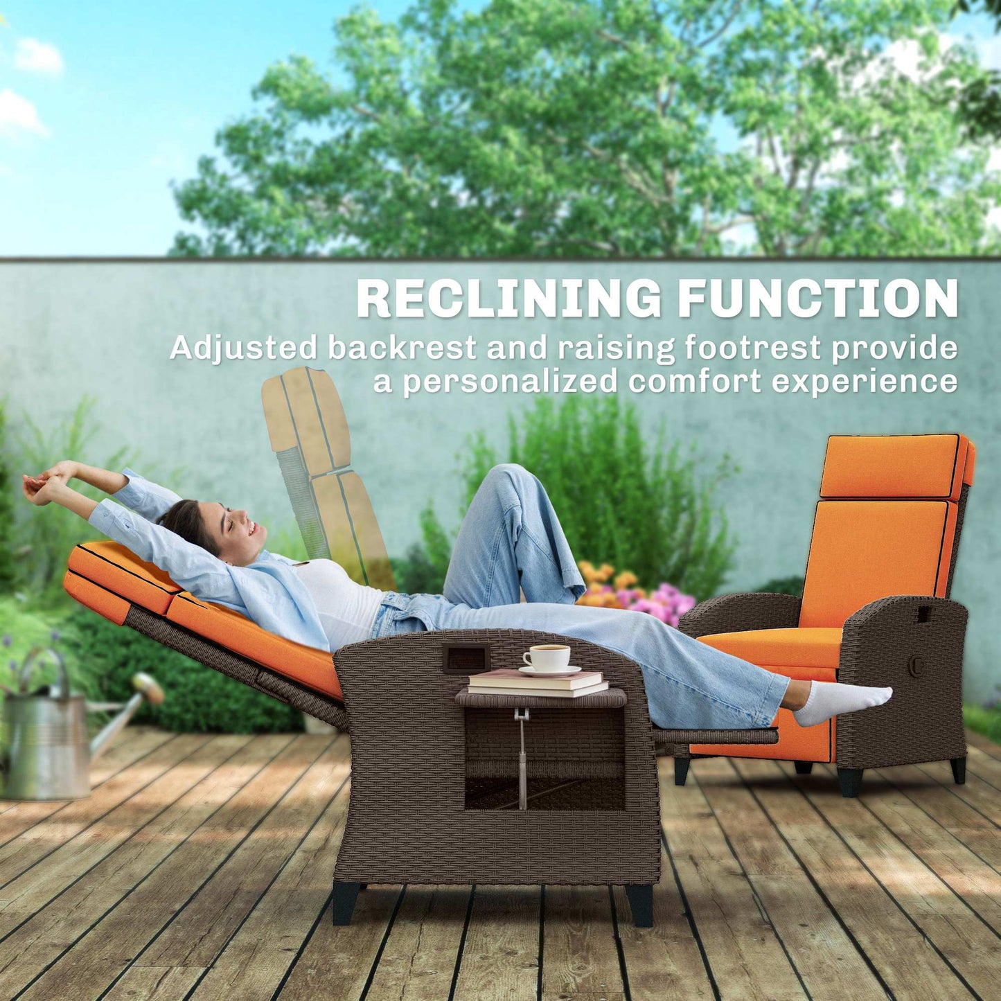 Garden Recliner with Cushion, Outdoor Recliner Chair with Adjustable Backrest & Footrest, Side Tray, Orange
