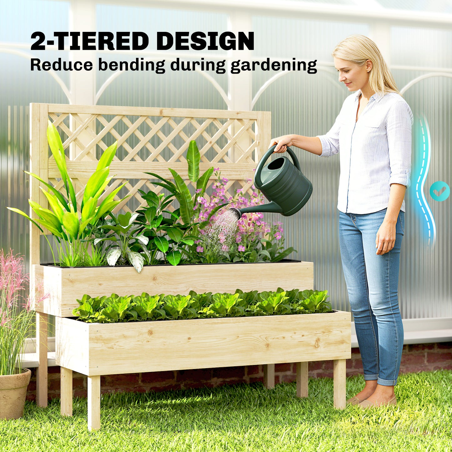 Raised Garden Bed 2-Tier Stepped Design Planter Box with Trellis for Climbing Plants 108x62x120 cm
