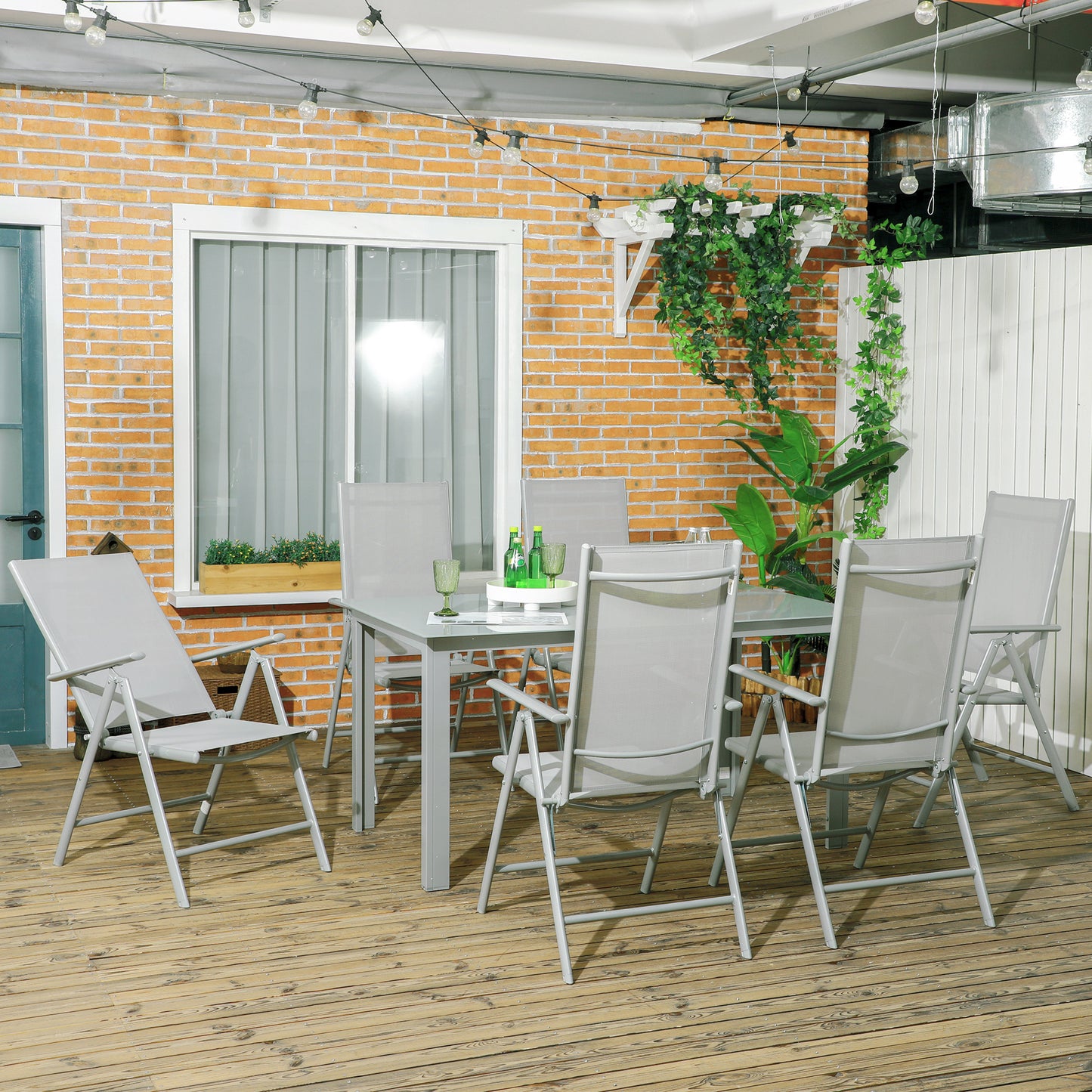 7 Piece Garden Dining Set, Outdoor Table and 6 Folding and Reclining Chairs, Aluminium Frame, Tempered Glass Top Table