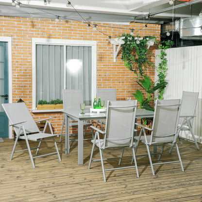 7 Piece Garden Dining Set, Outdoor Table and 6 Folding and Reclining Chairs, Aluminium Frame, Tempered Glass Top Table