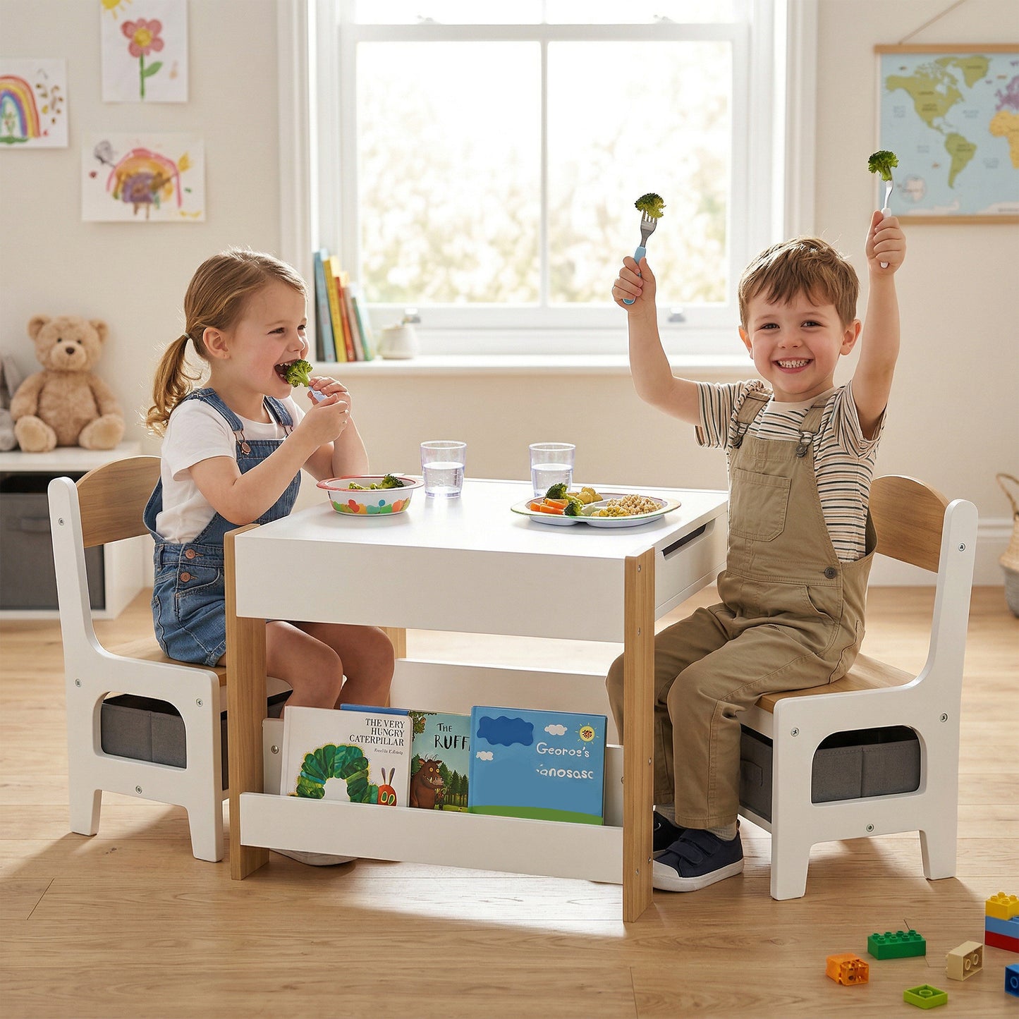 Three-Piece Kids Table and Chair Set with Blackboard, Storage, Bookshelves - Natural Wood