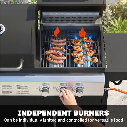 2+1 Burner Hybrid Dual Fuel BBQ Gas Grill, 2-in-1 Propane & Charcoal Barbecue Grill Smoker Combo with Wheels, Black