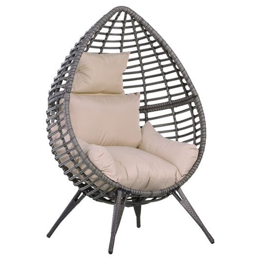 Garden Egg Chair, Teardrop Outdoor PE Rattan Chair with Full-body Soft Padded Cushion, Grey