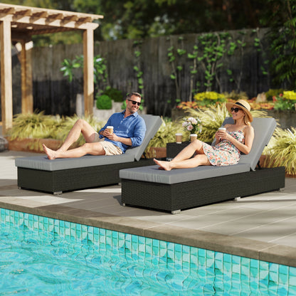 Rattan Sun Loungers Set of 2 with Side Table, Garden Recliner Sunbeds with Adjustable Back, Cushions, Dark Grey