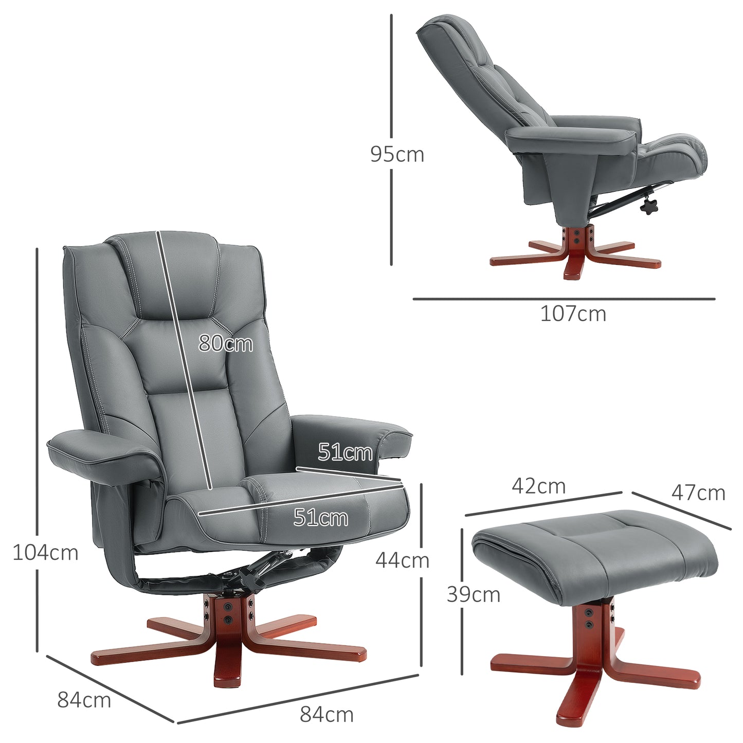 Faux Leather Manual Recliner and Footstool Set - Grey
